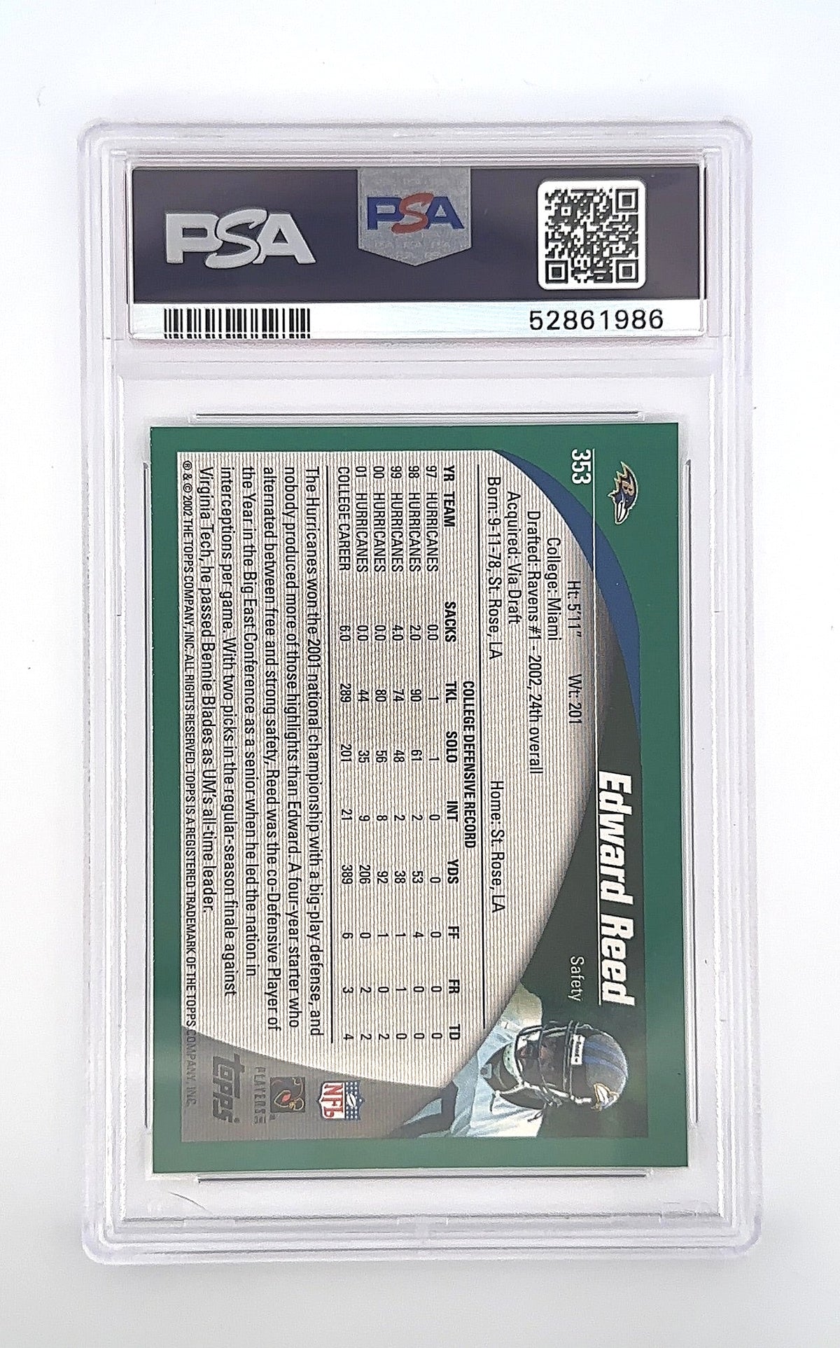 Edward Reed 2002 Topps Rookie PSA MINT 9 — back