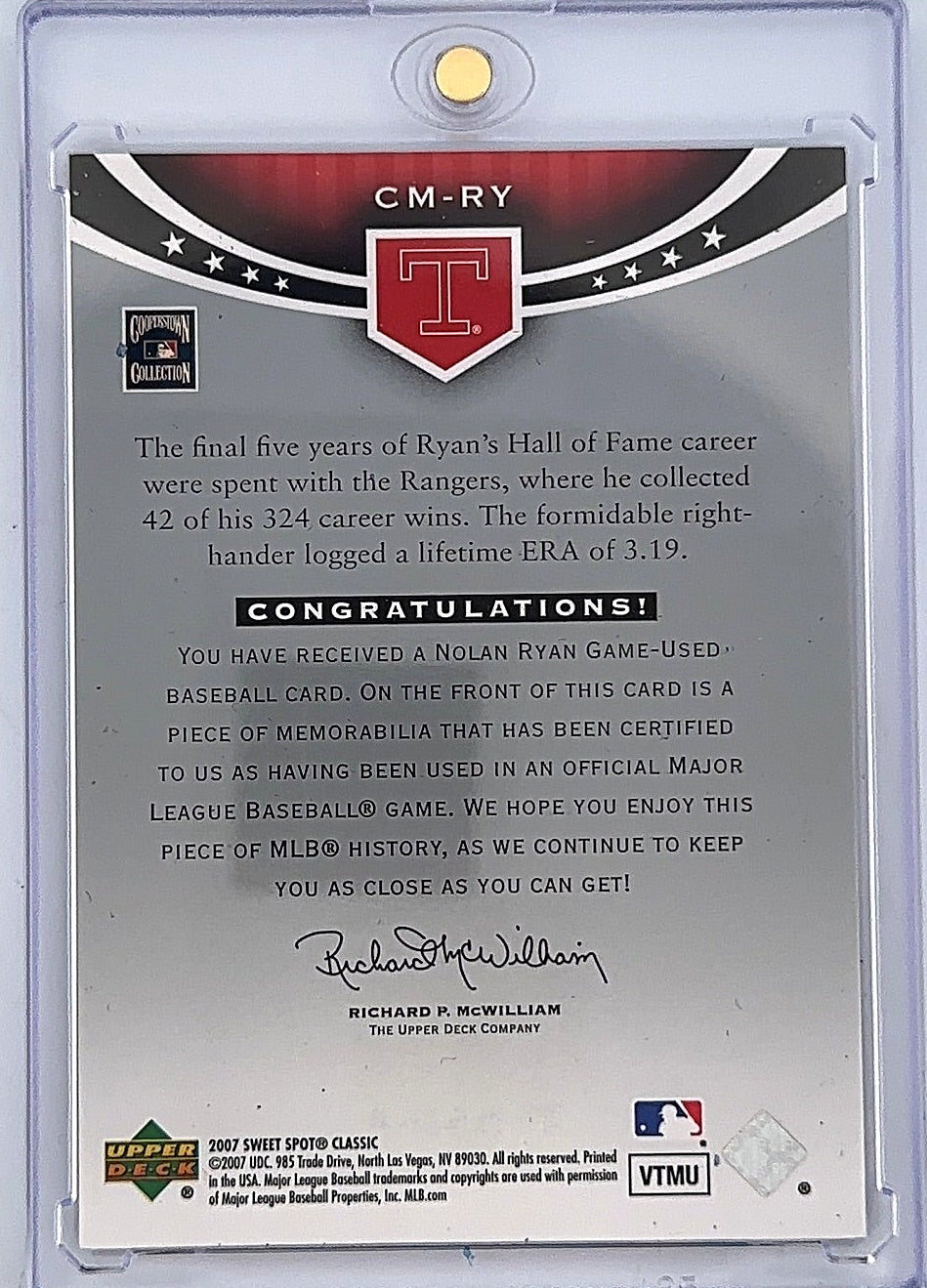 2007 Upper Deck Sweet Spot Classic Classic Memorabilia Nolan Ryan #CM-NR — back