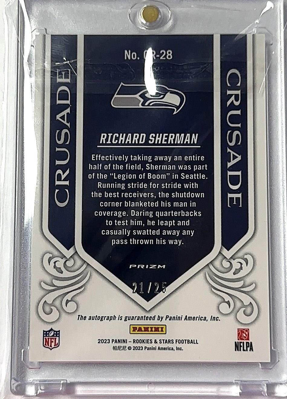 2023 Panini Rookies & Stars Crusade Silver Richard Sherman [Orange] #CR-28 RC AUTO — back