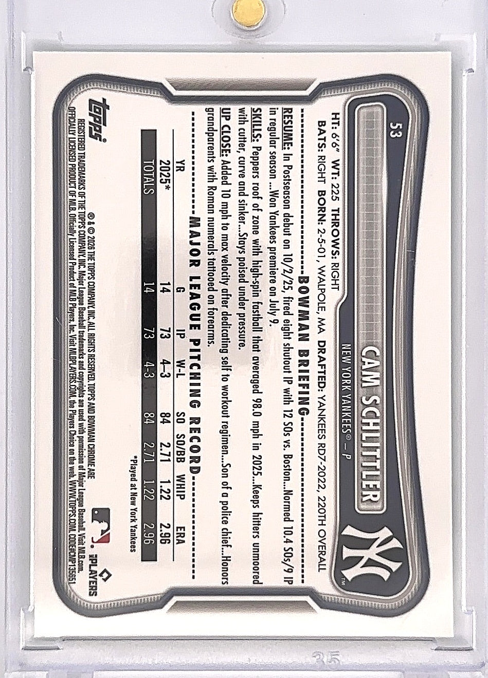 2026 Bowman Cam Schlittler /399 [Neon Green Mojo] #53 — back