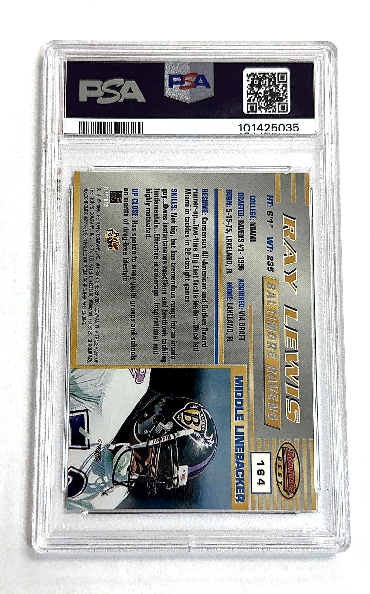 1996 Bowman's Best Ray Lewis #164 RC PSA 8 — back