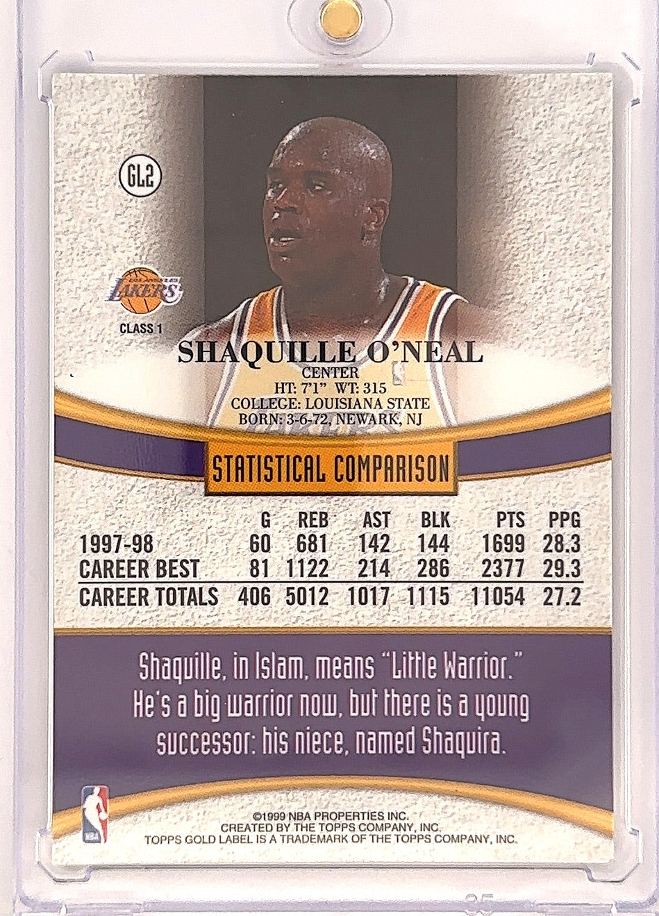 1998 Topps Gold Label Shaquille O'Neal #GL2 — back