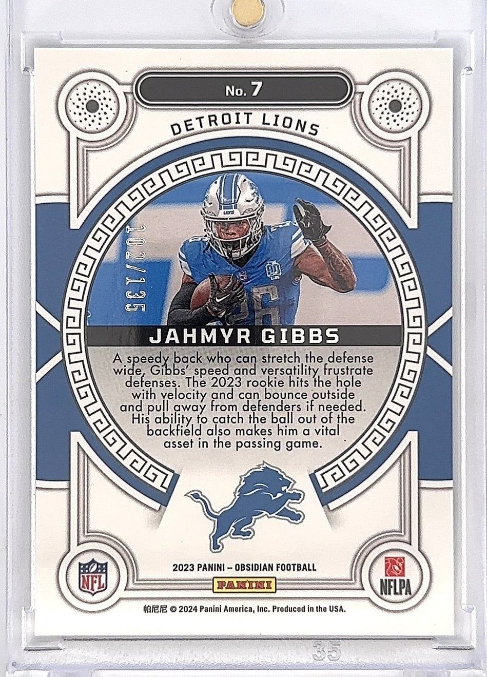 2023 Panini Obsidian Orbital Jahmyr Gibbs RC #7 102/135 — back