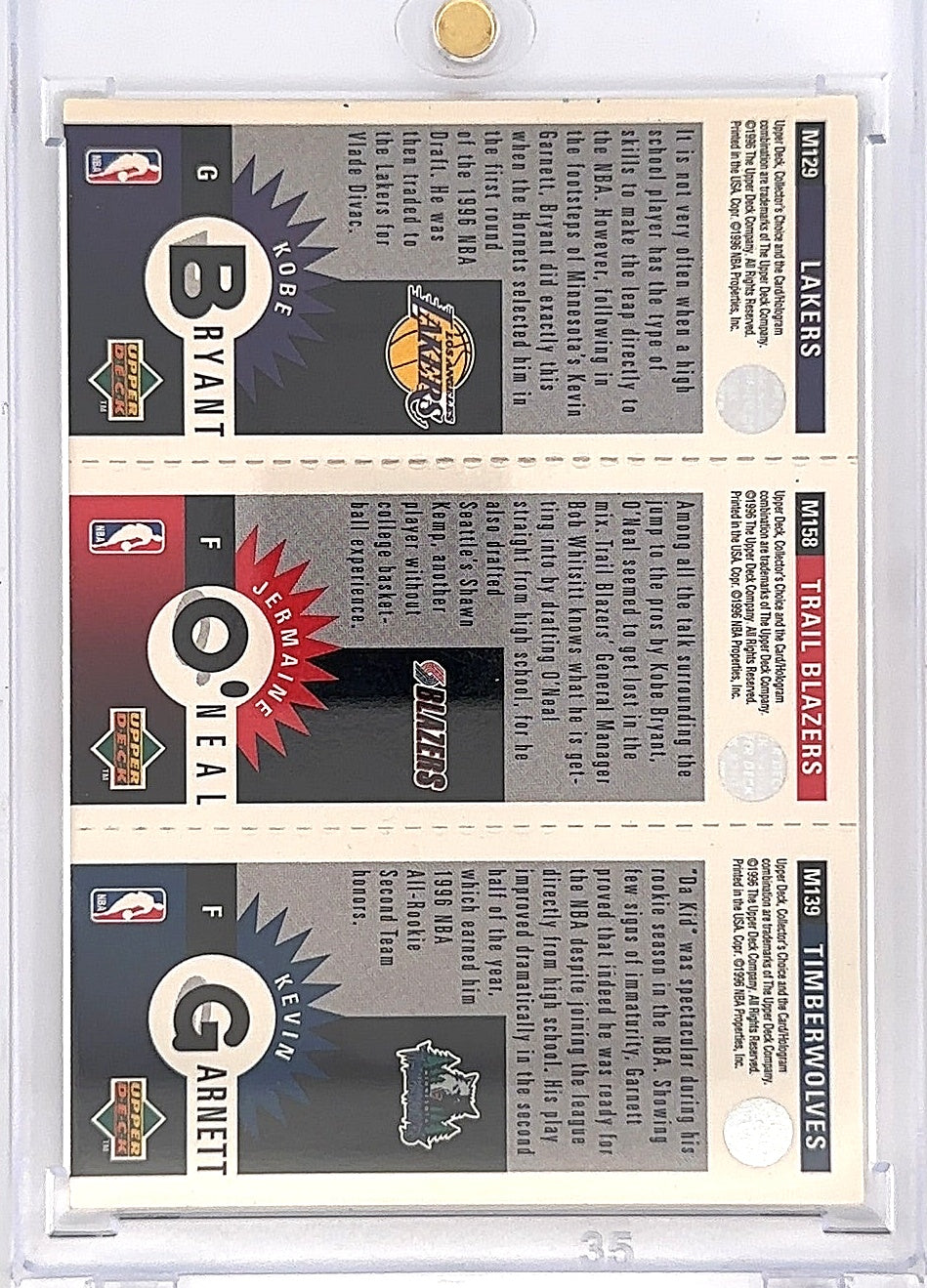 1996 Collector's Choice Mini O'Neal, Garnett, Bryant — back