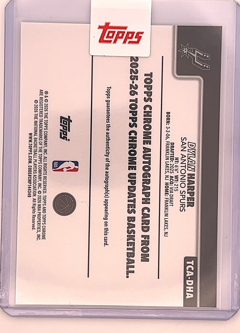 2025 Topps Chrome Update Autograph Dylan Harper #TCA-DHA — back