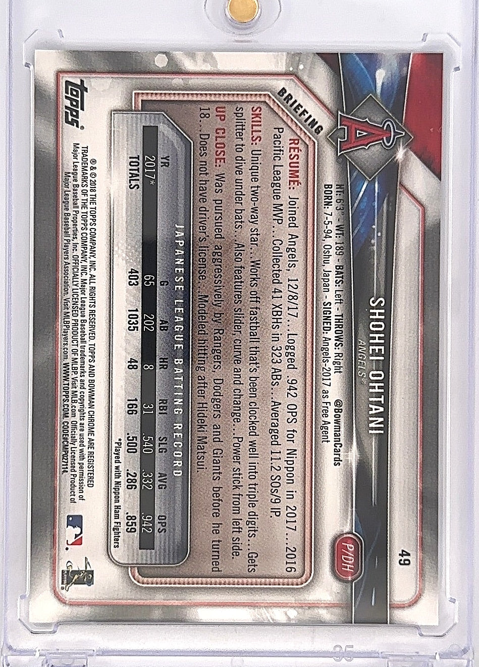 2018 Bowman Shohei Ohtani #49 — back