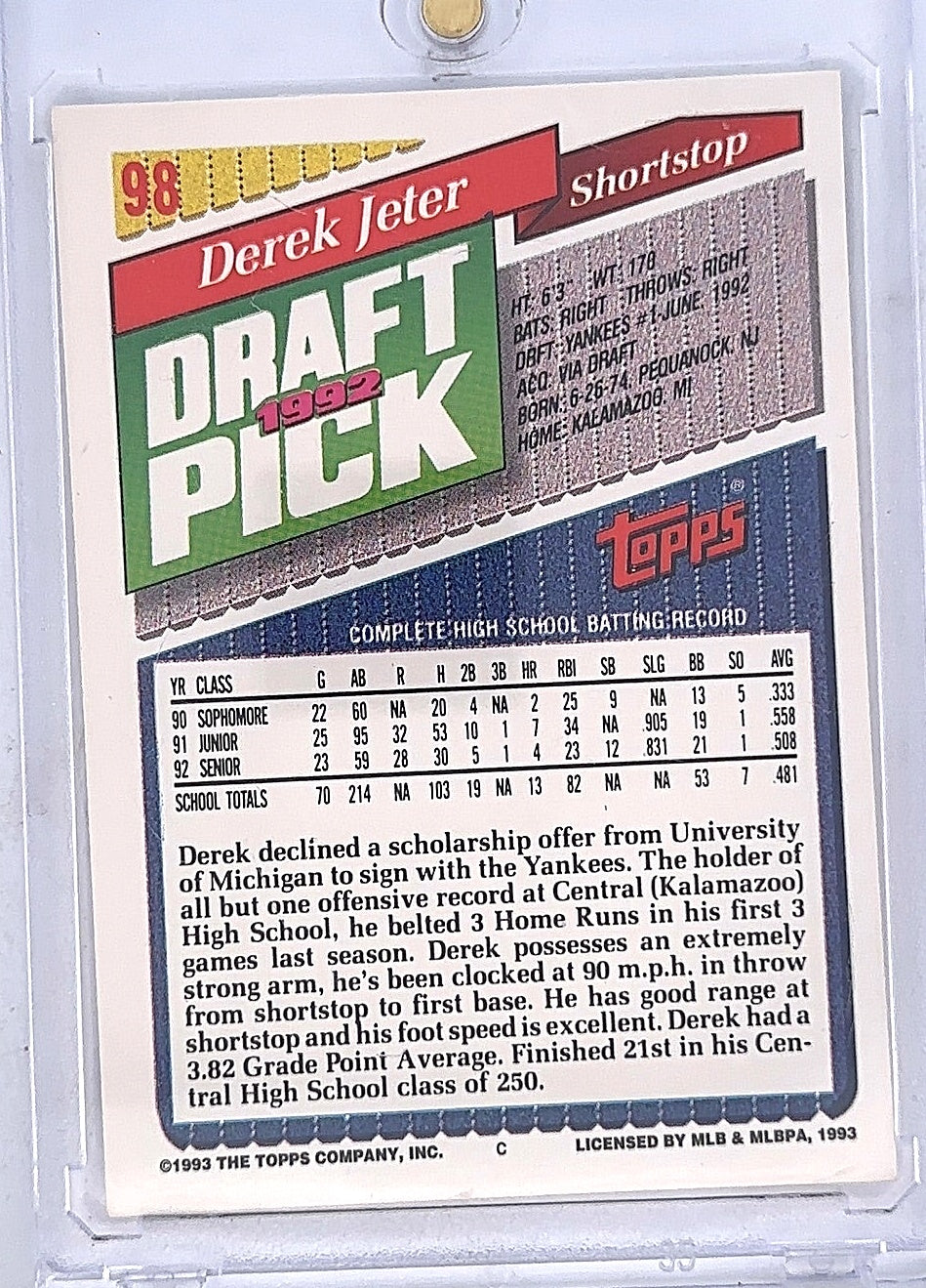 Derek Jeter 1992 Draft Pick #98 — back