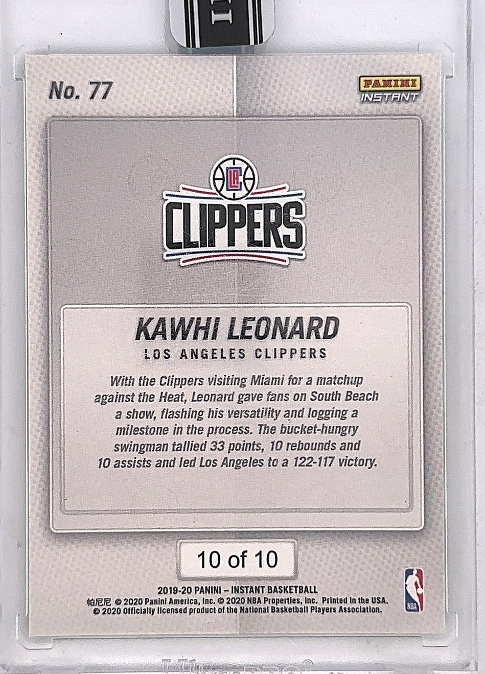 2020 Panini Instant Kawhi Leonard [Green] #17 — back