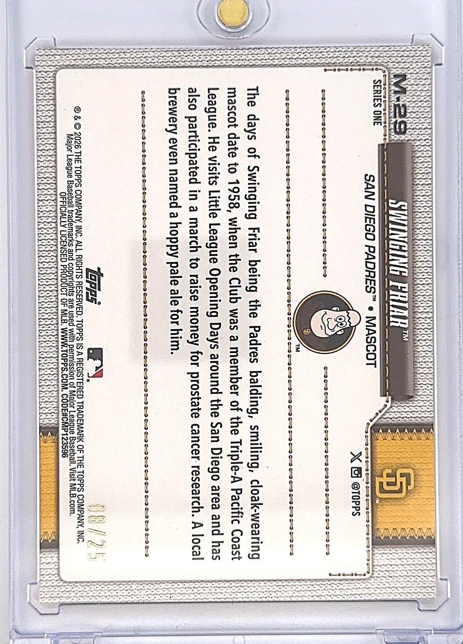 Swinging Friar San Diego Padres Topps 8/25 — back