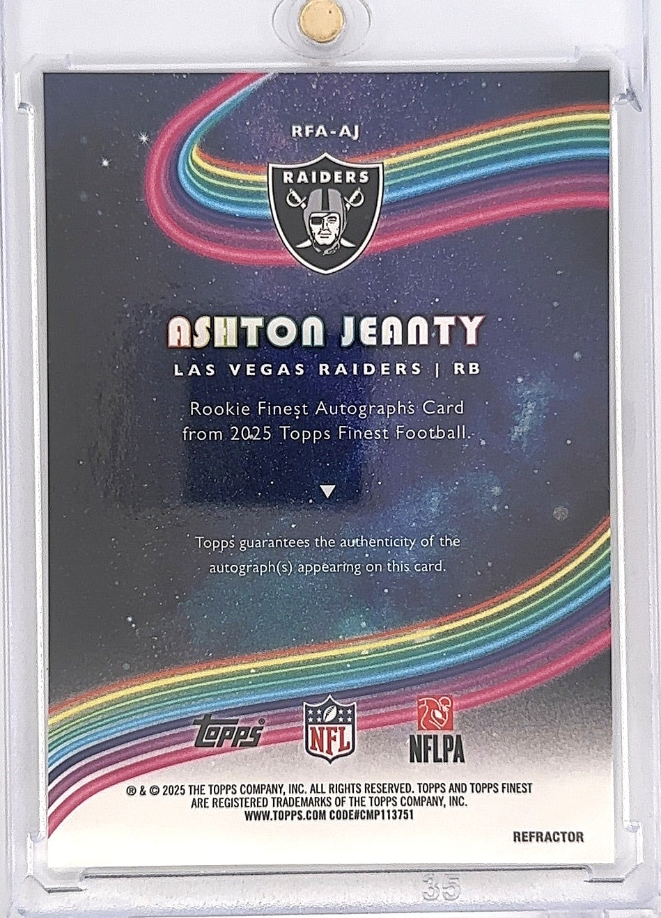 2025 Topps Finest Rookie Autograph Ashton Jeanty #RFA-AJ — back