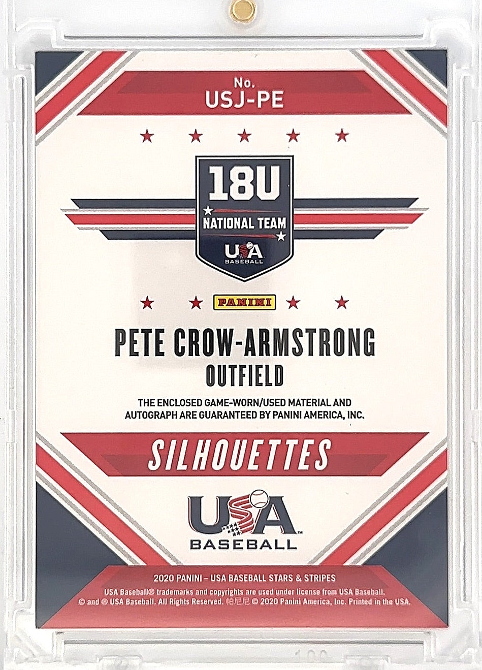 Pete Crow-Armstrong 2020 Stars & Stripes Silhouettes Patch Auto /199 # USJ-PE — back