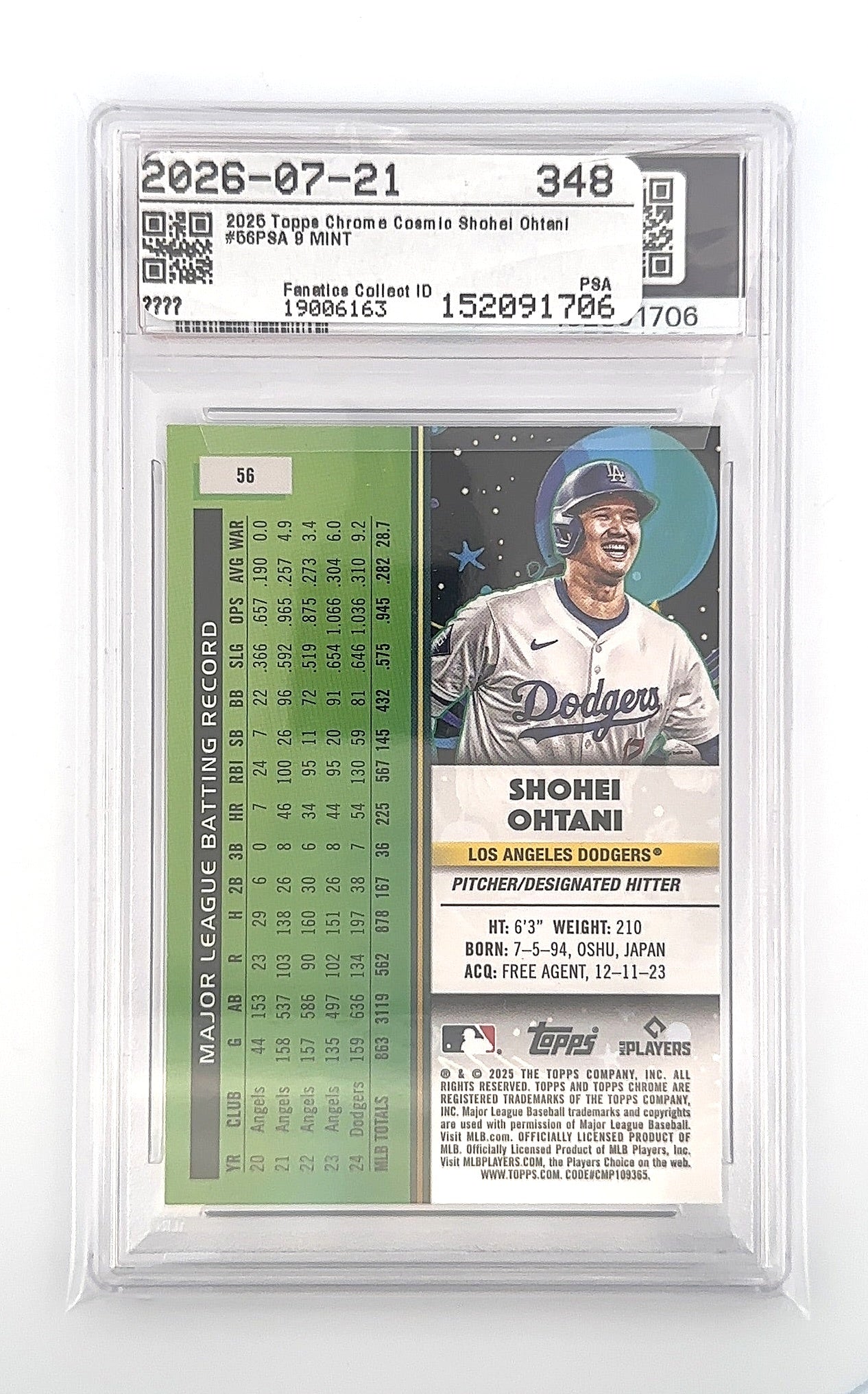 2025 Topps Cosmic Chrome Shohei Ohtani #56 PSA 9 — back