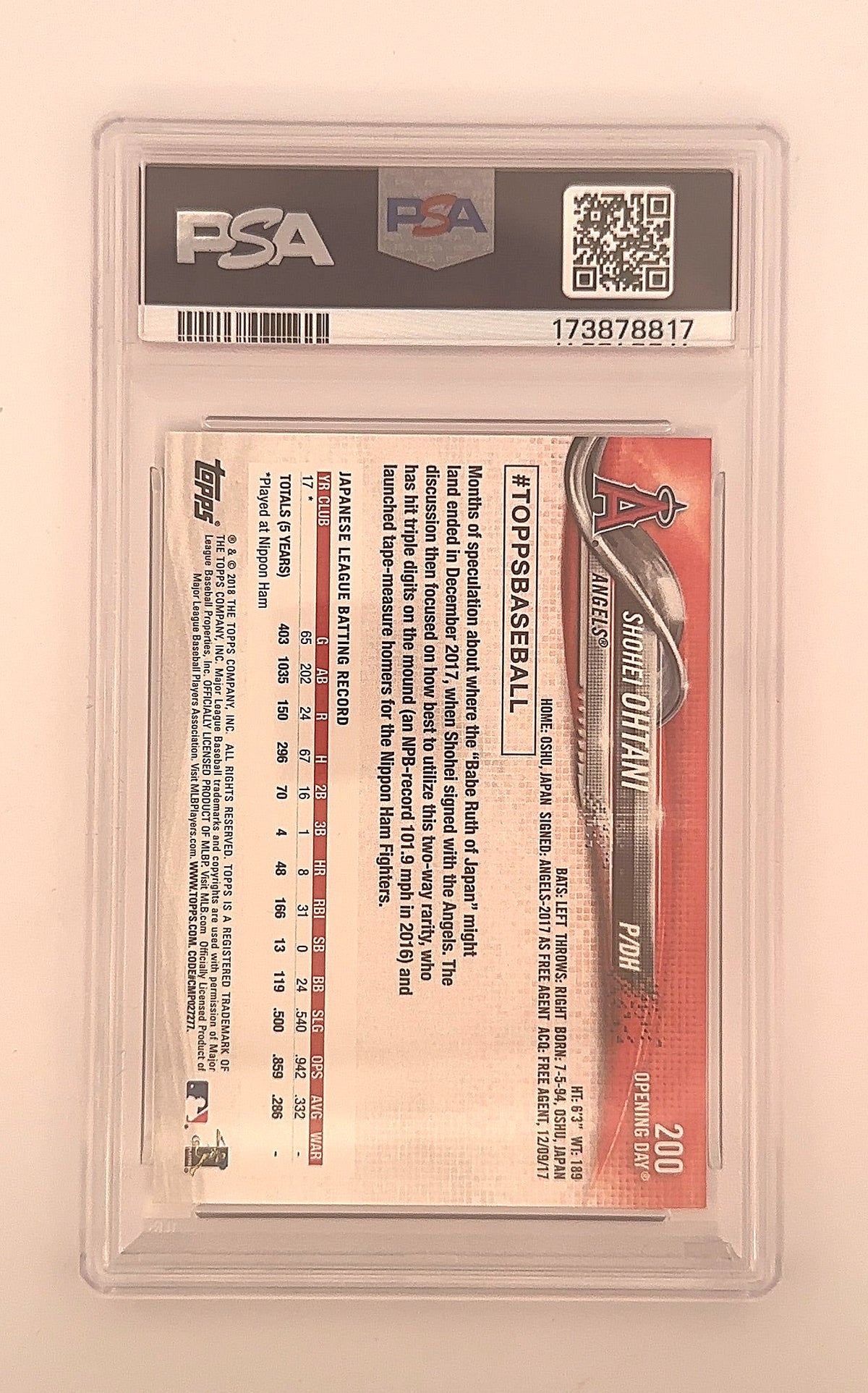 2018 Topps Opening Day Shohei Ohtani #200 PSA 9 — back