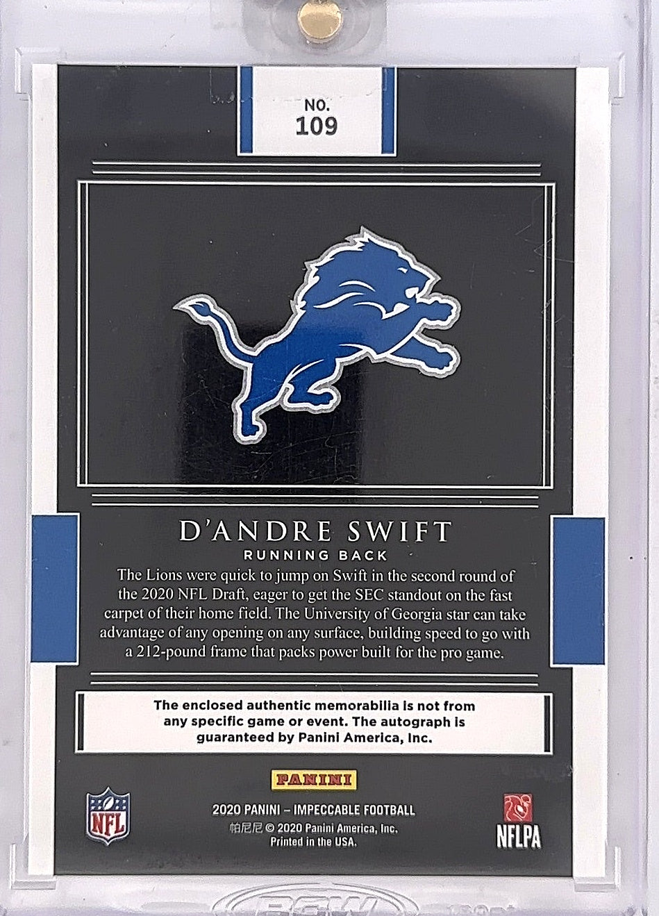 2020 Panini Impeccable D'Andre Swift [Helmet, Patch Autograph Glove] #109 — back