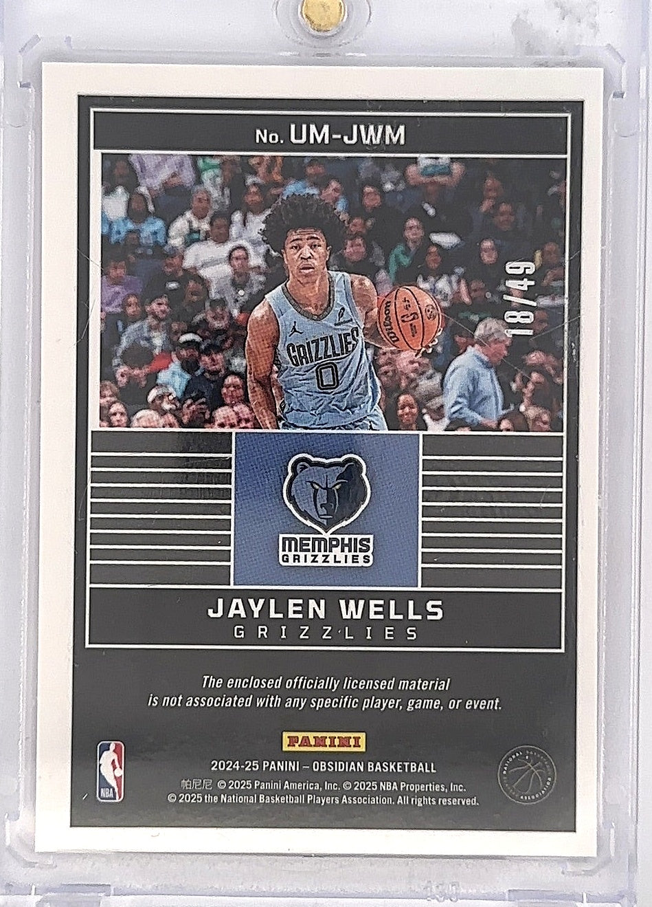 2024 Panini Obsidian Unbreakable Memorabilia Jaylen Wells [Pink] #UM-JWM — back