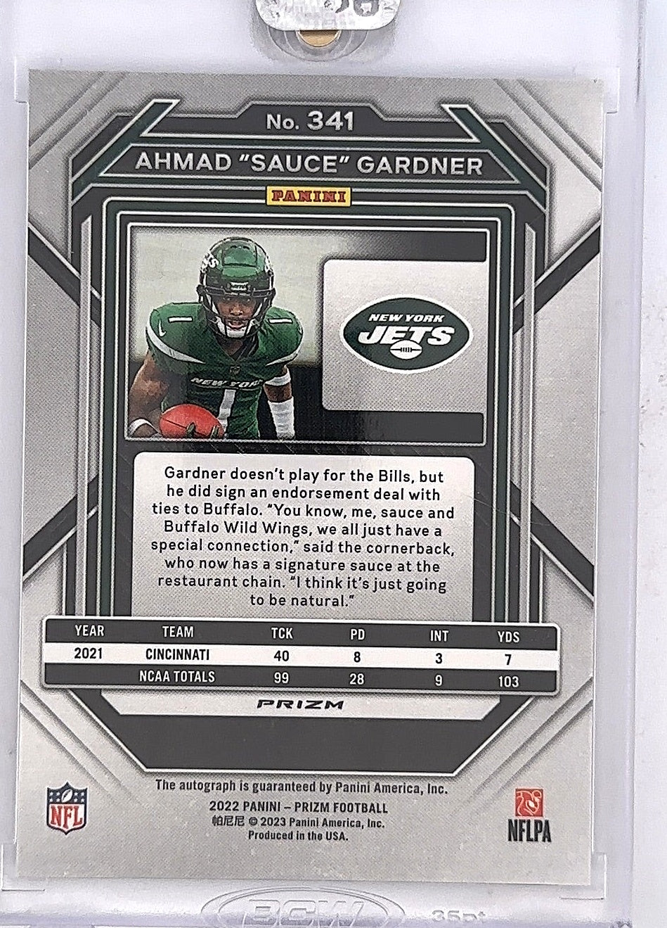 2022 Panini Prizm Ahmad 'Sauce' Gardner [Autograph Silver] #341 — back
