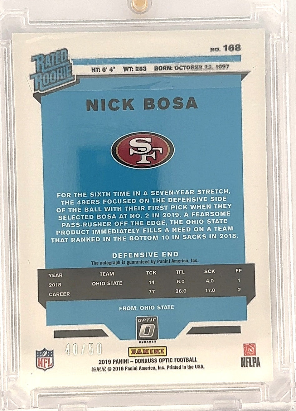 Nick Bosa Rated Rookie Donruss Autograph 40/50 — back