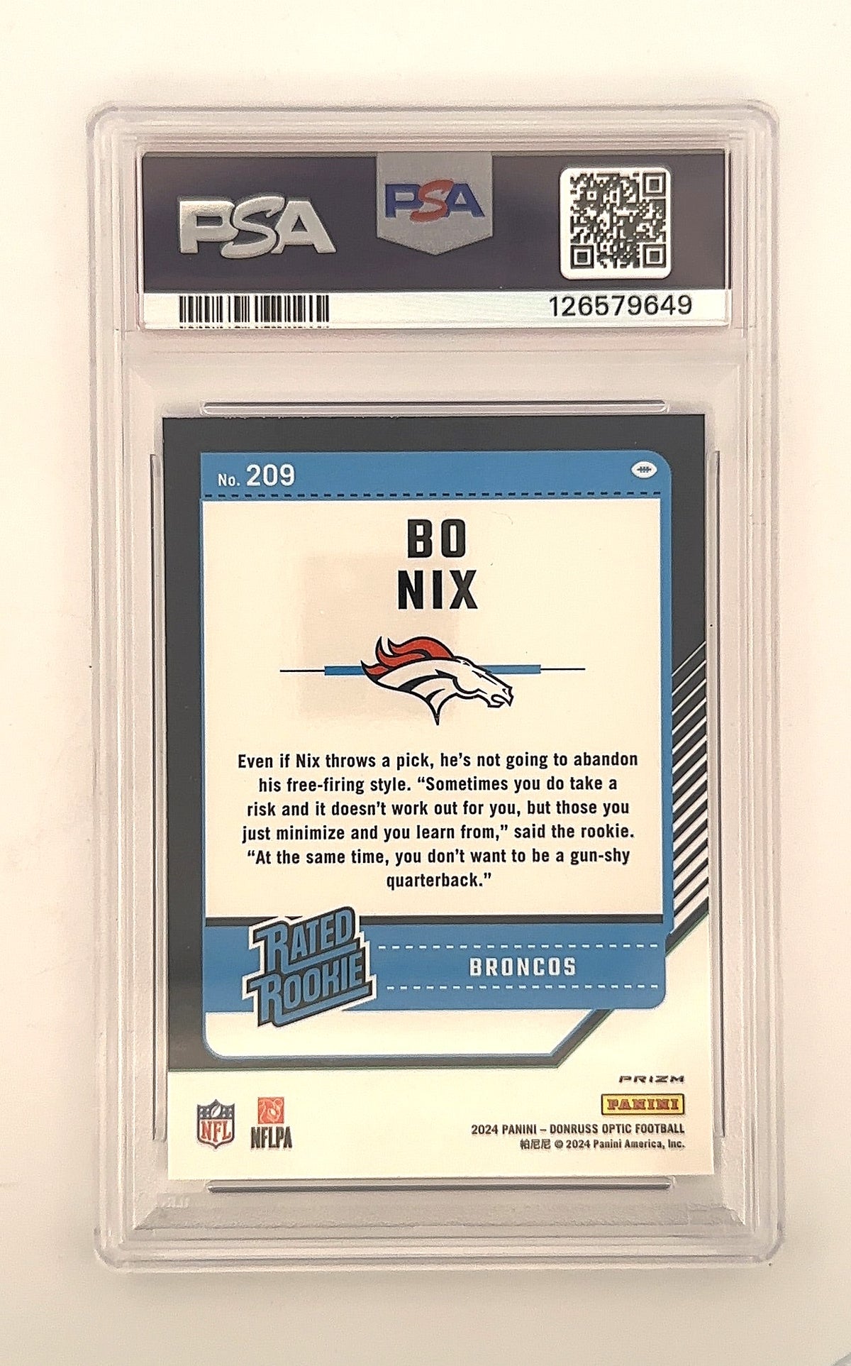 2024 Panini Donruss Optic Bo Nix [Blue Hyper] #209 PSA 10 — back