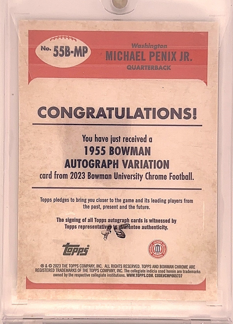 2023 Bowman Chrome University 1955 Autographs Michael Penix Jr. [Orange] #55B-MP — back