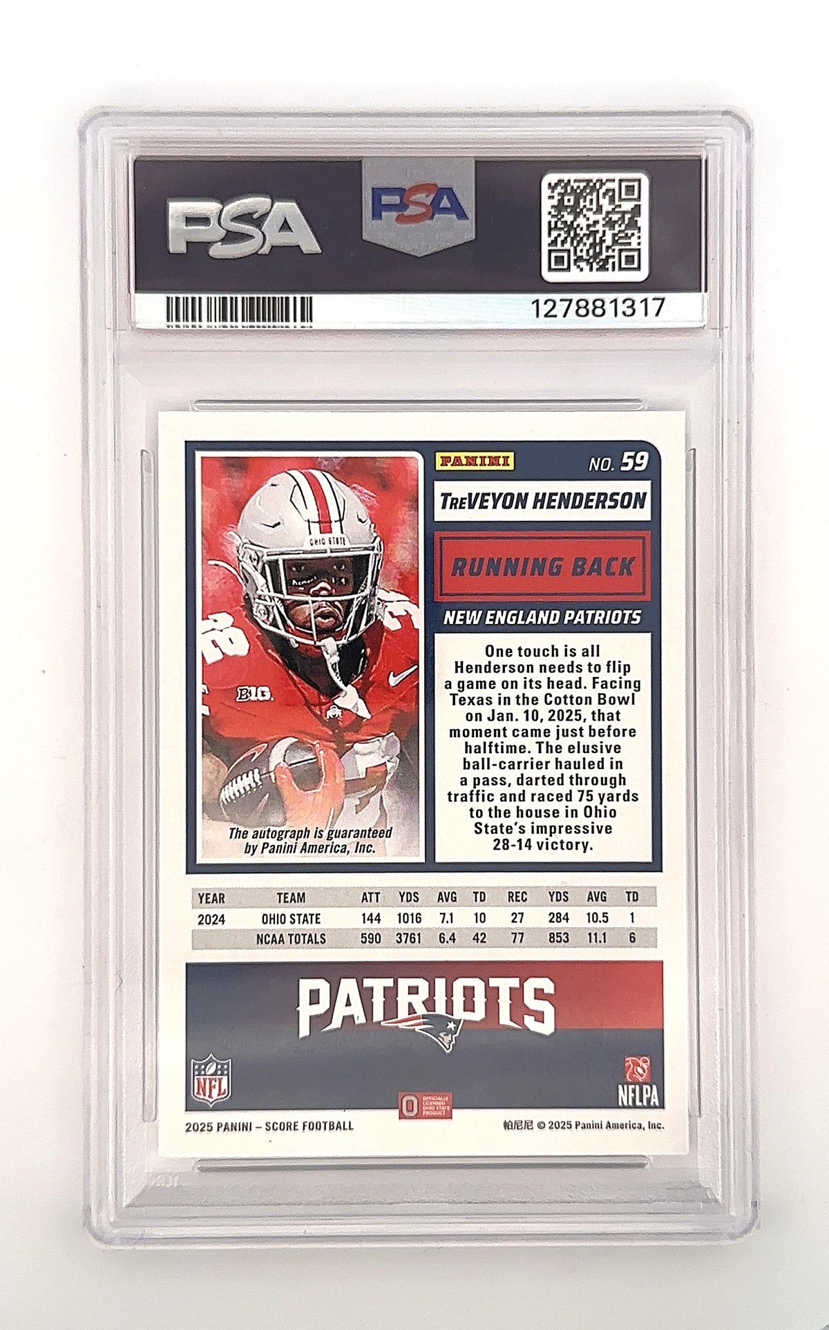 2025 Panini Score Rookie TreVeyon Henderson [Signature] #59 PSA 10 — back