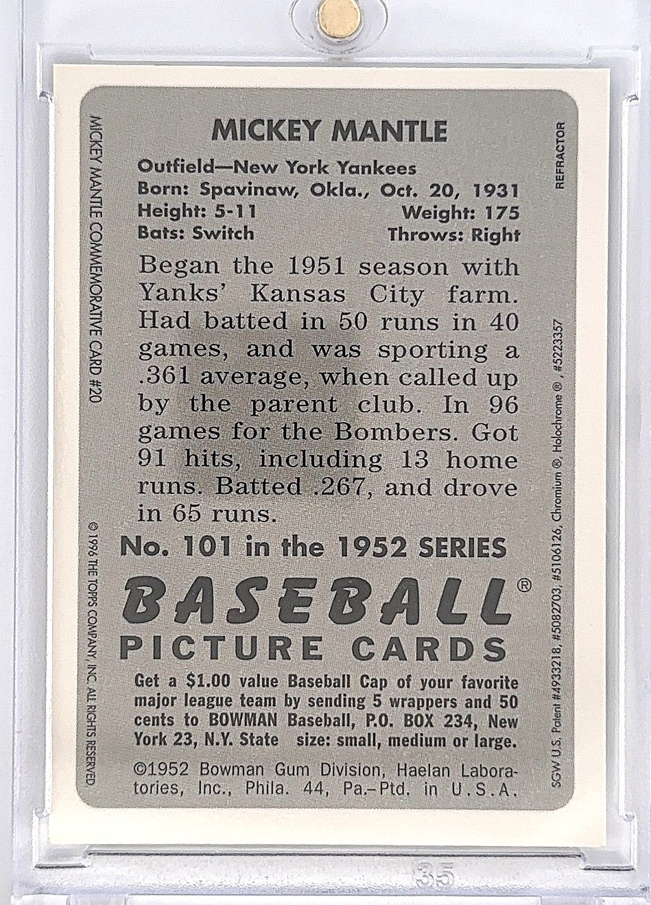 1996 Bowman Mickey Mantle Commemorative Reprint Refractor #20 — back