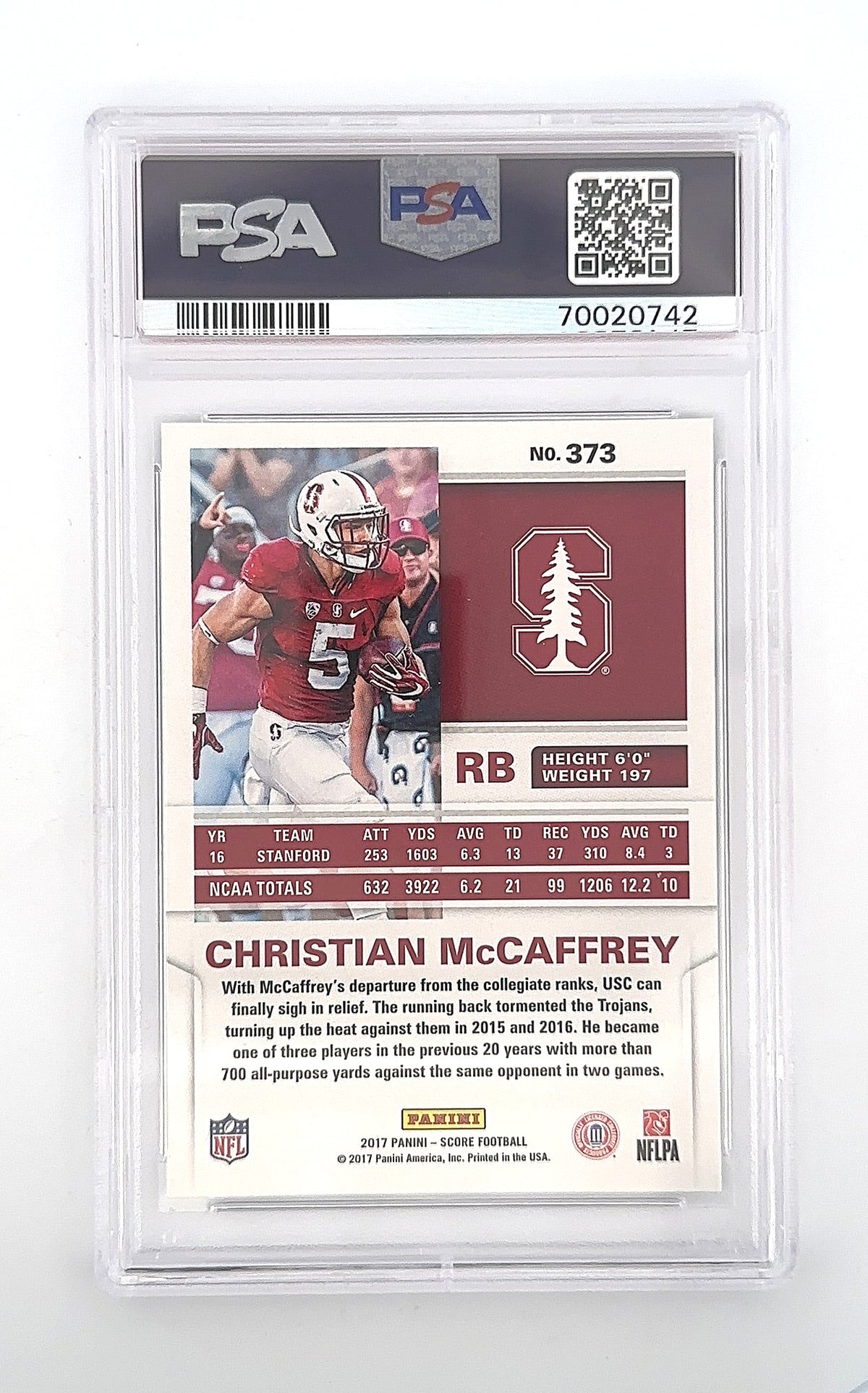 2017 Panini Score Christian McCaffrey [Scorecard] #373 PSA 10 — back