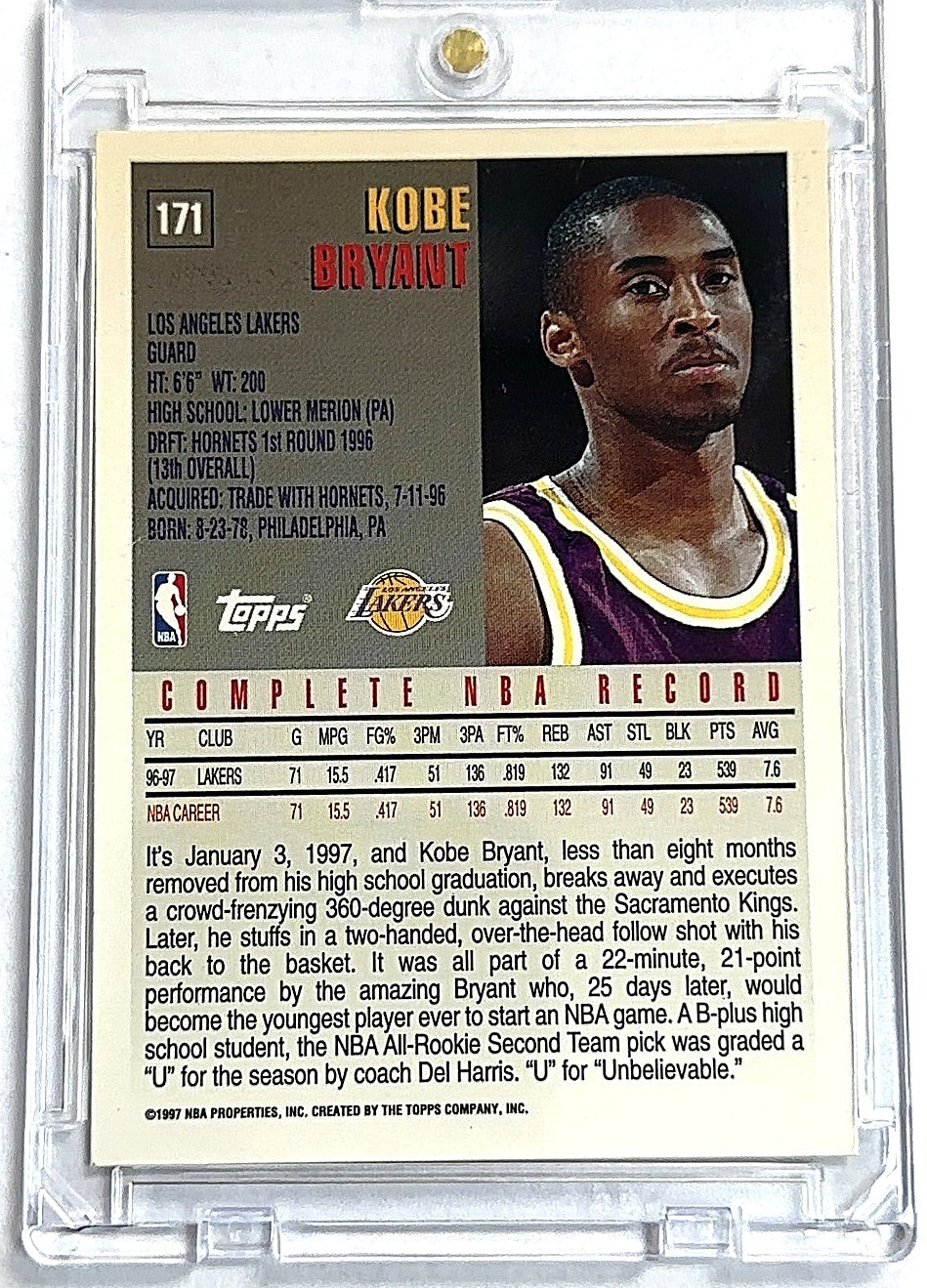 1997 Topps Kobe Bryant #171 RC — back