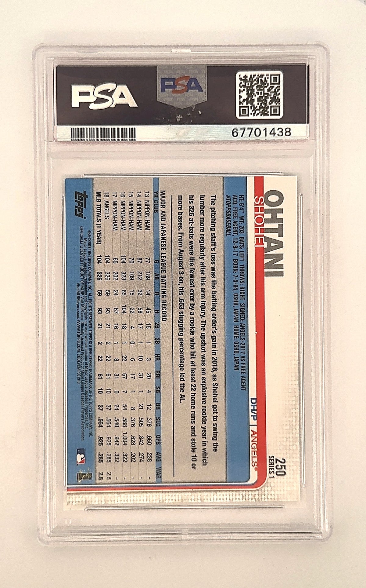 Shohei Ohtani 2019 Topps PSA MINT 9 — back