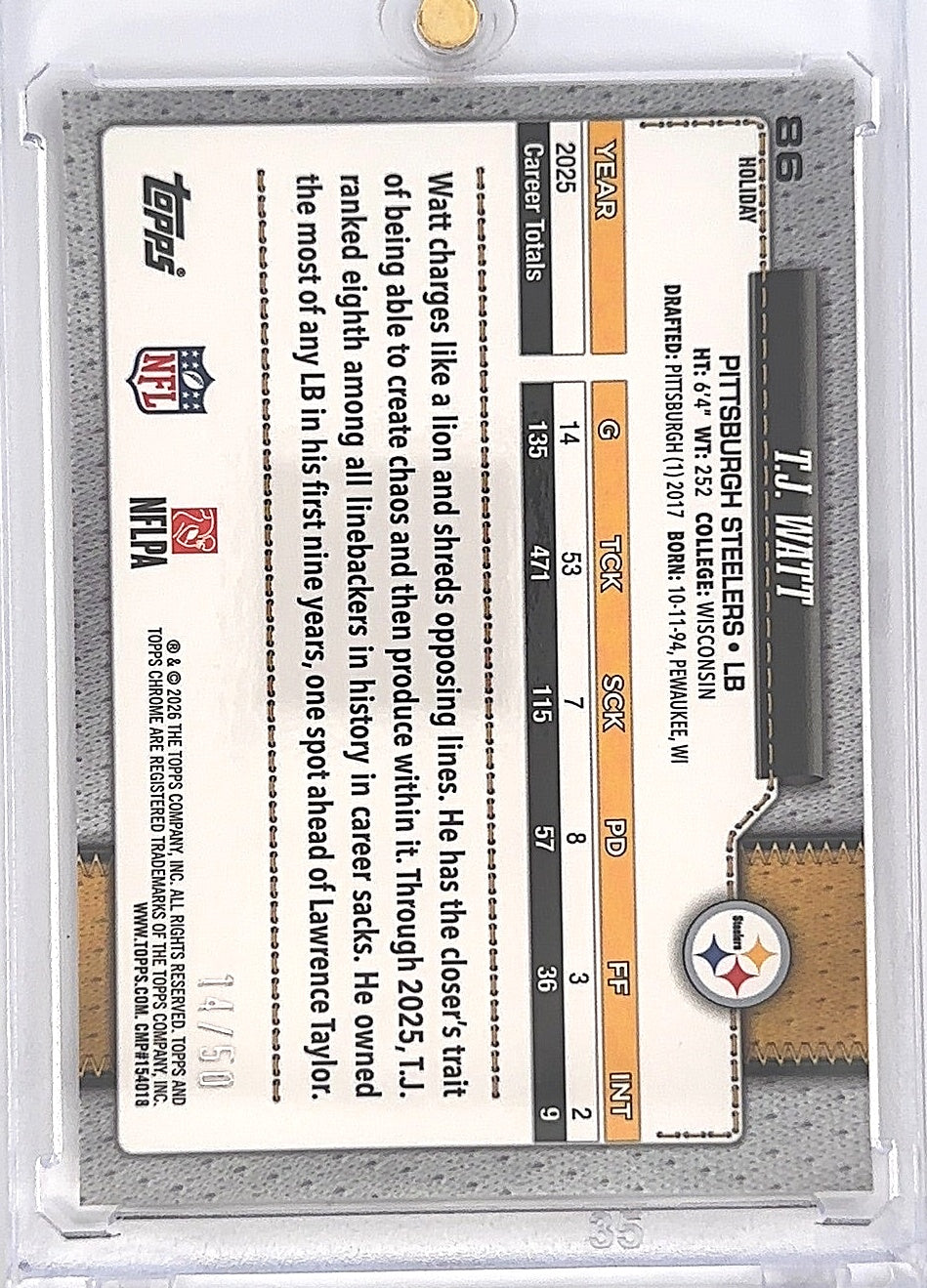 2026 Topps Holiday T.J. Watt [Gold Refractor Chrome] #86 — back