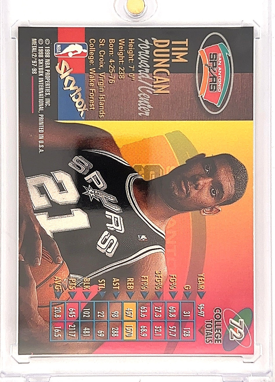 1997 Metal Universe Championship Tim Duncan #72 — back