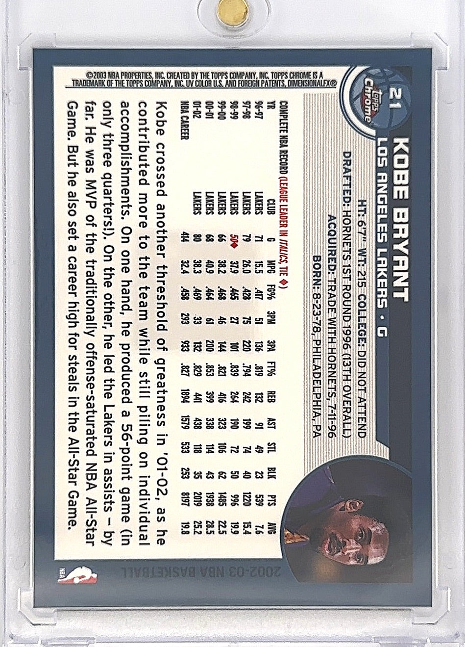 2002 Topps Chrome Kobe Bryant #21 — back