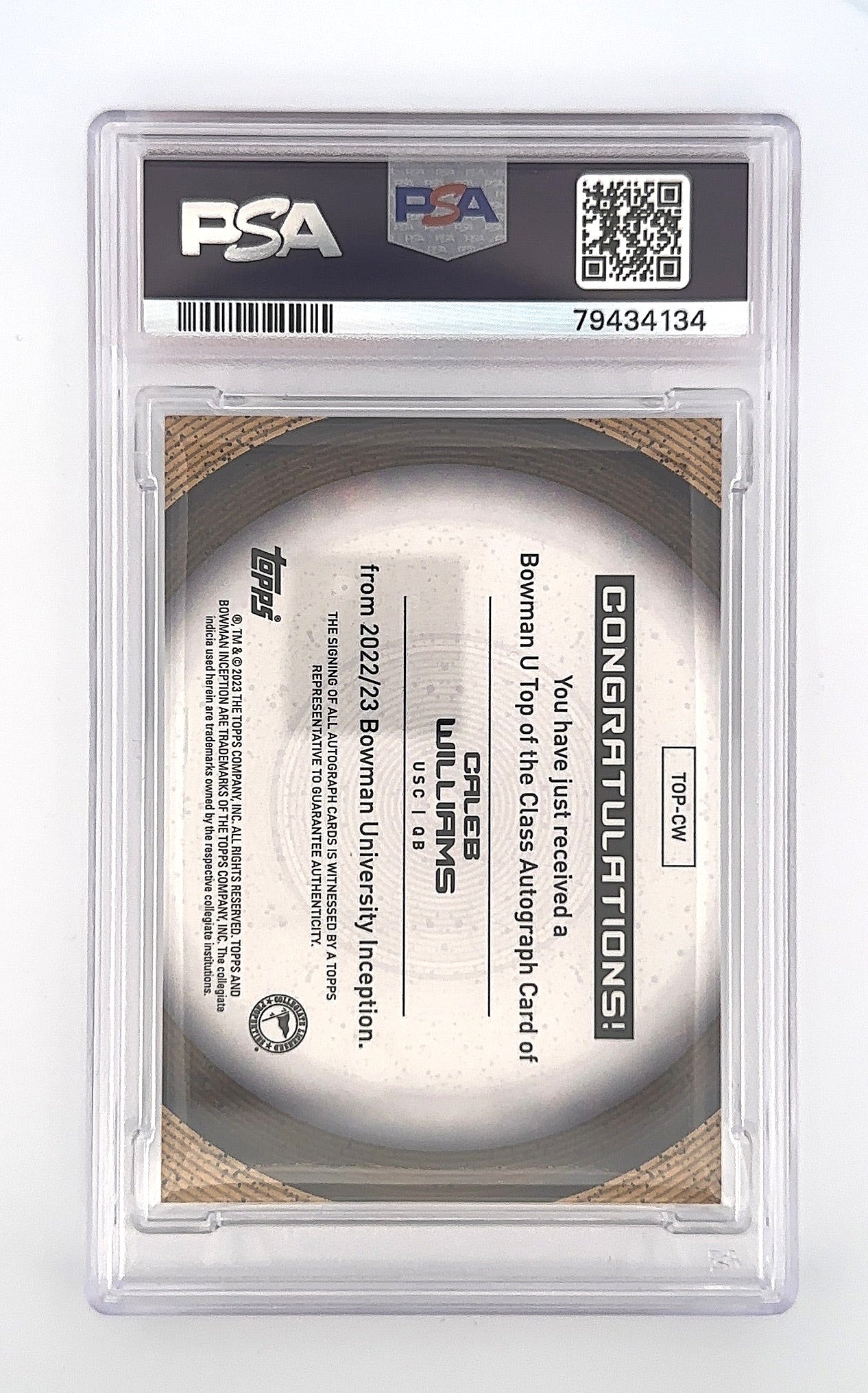 2022 Bowman University Inception U Top of the Class Autograph Caleb Williams #TOP-CW PSA 8 — back