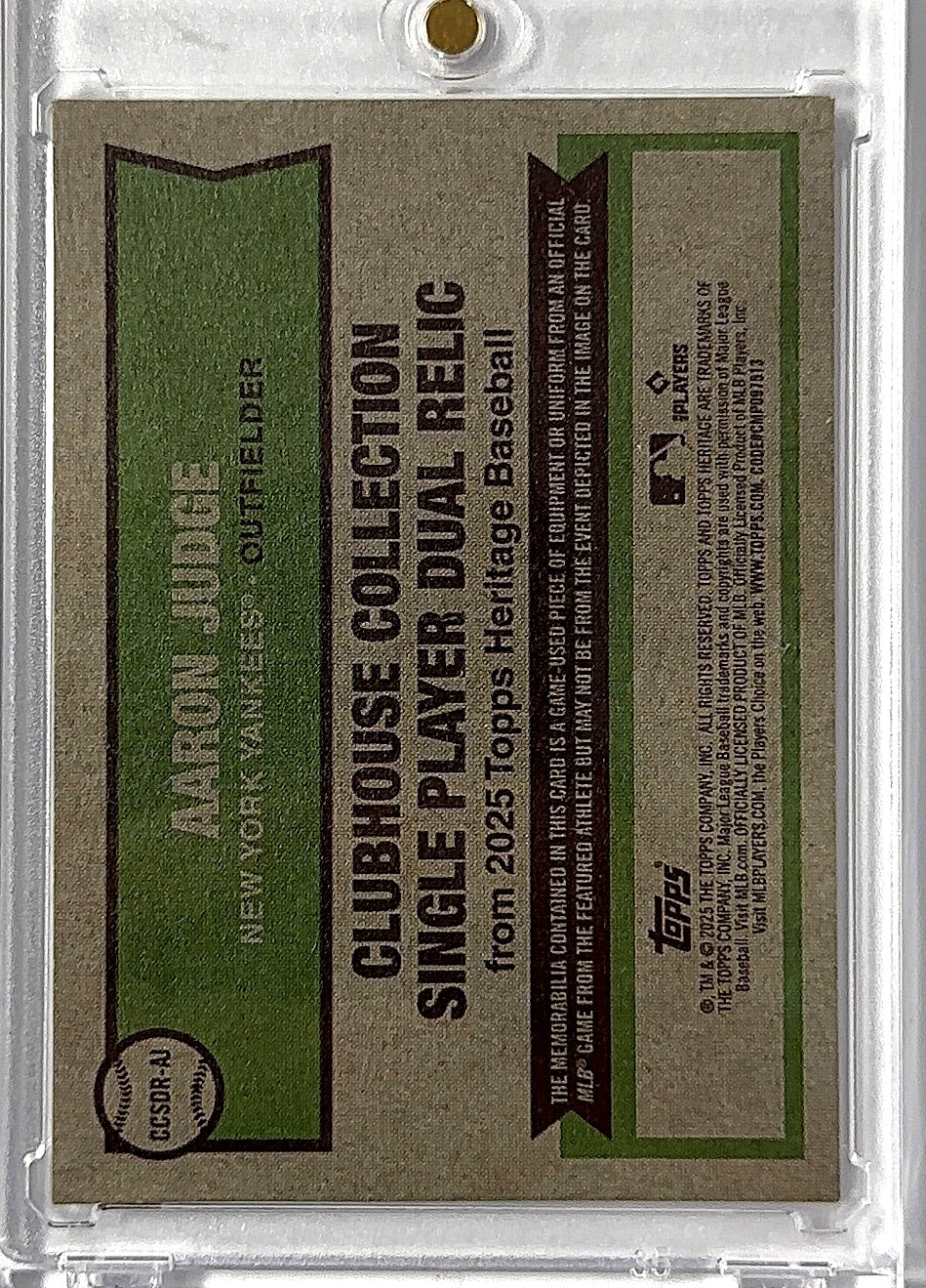 2021 Topps Heritage Clubhouse Collection Relics Aaron Judge Clubhouse Collection Relics #CCR-AJ — back