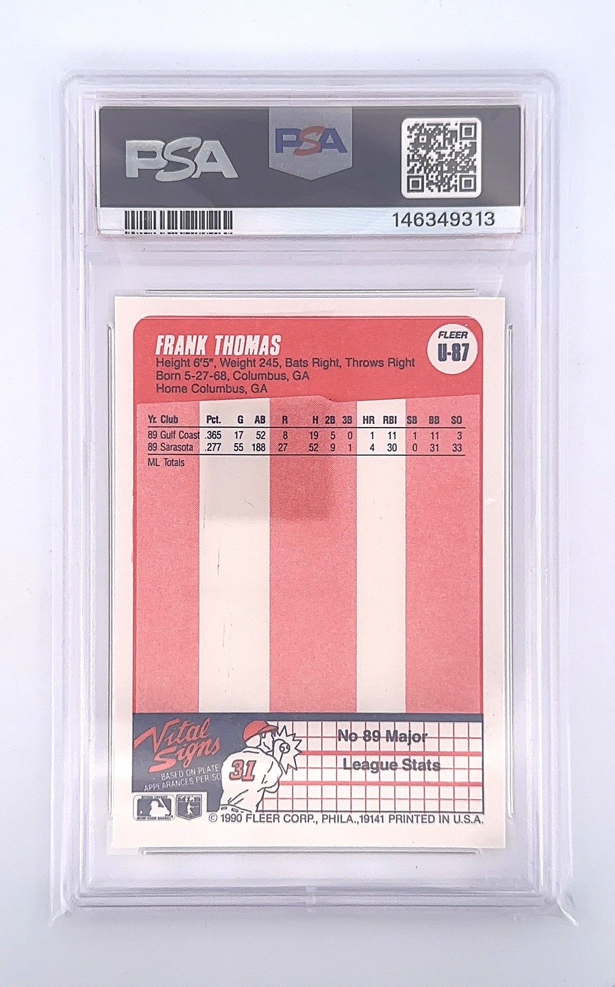 1990 Fleer Update Frank Thomas #U-87 PSA 10 — back