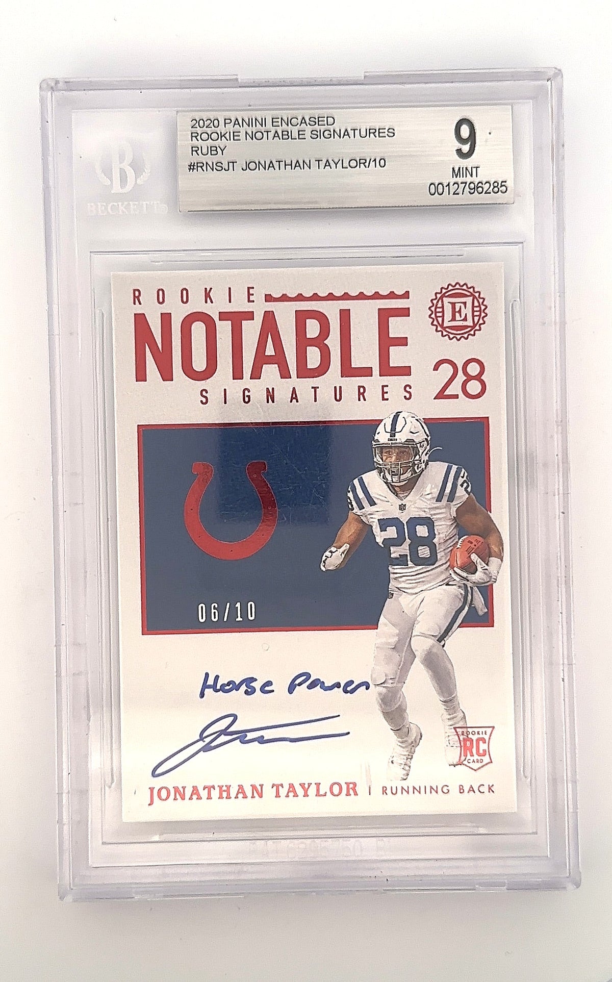 Jonathan Taylor 2020 Rookie Notable Signatures Ruby /10 BGS MINT 9 — front