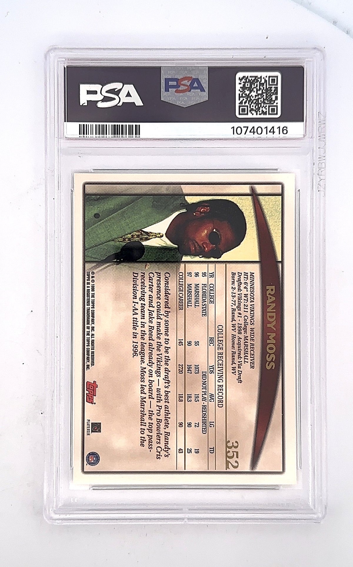 1998 Topps Randy Moss #352 PSA 10 — back