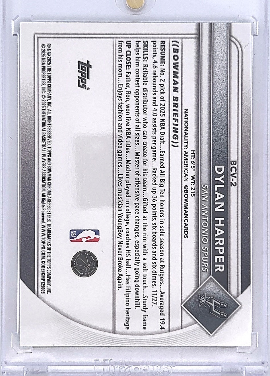 2025 Bowman Chrome Dylan Harper [Mojo] #BCV-2 — back