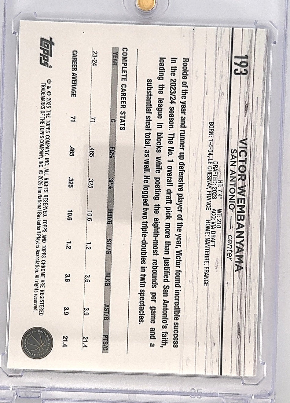 2024 Topps Chrome Victor Wembanyama [Refractor] #193 — back