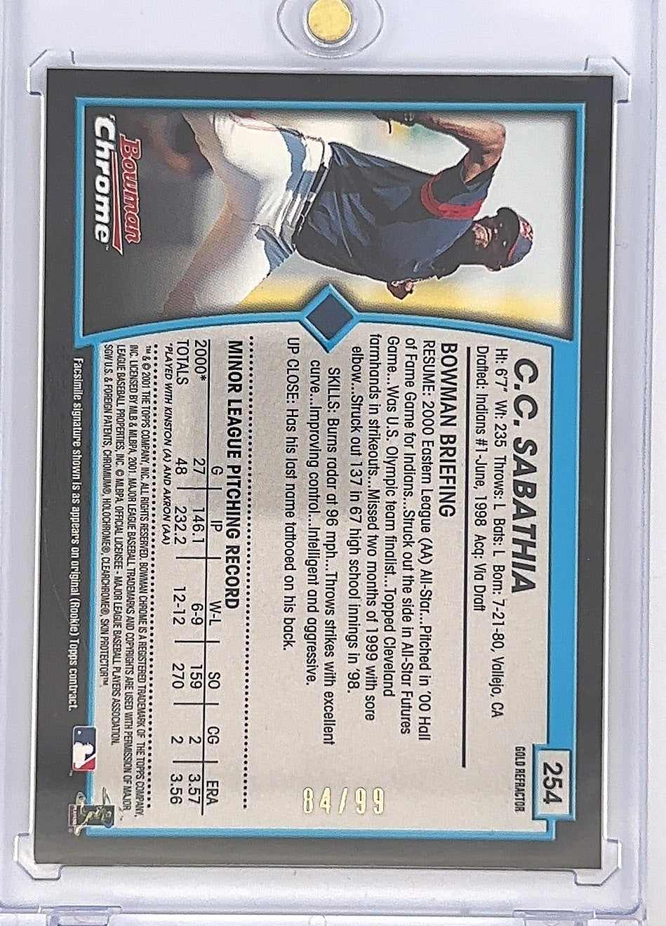 2001 Bowman CC Sabathia [Gold] #287 — back