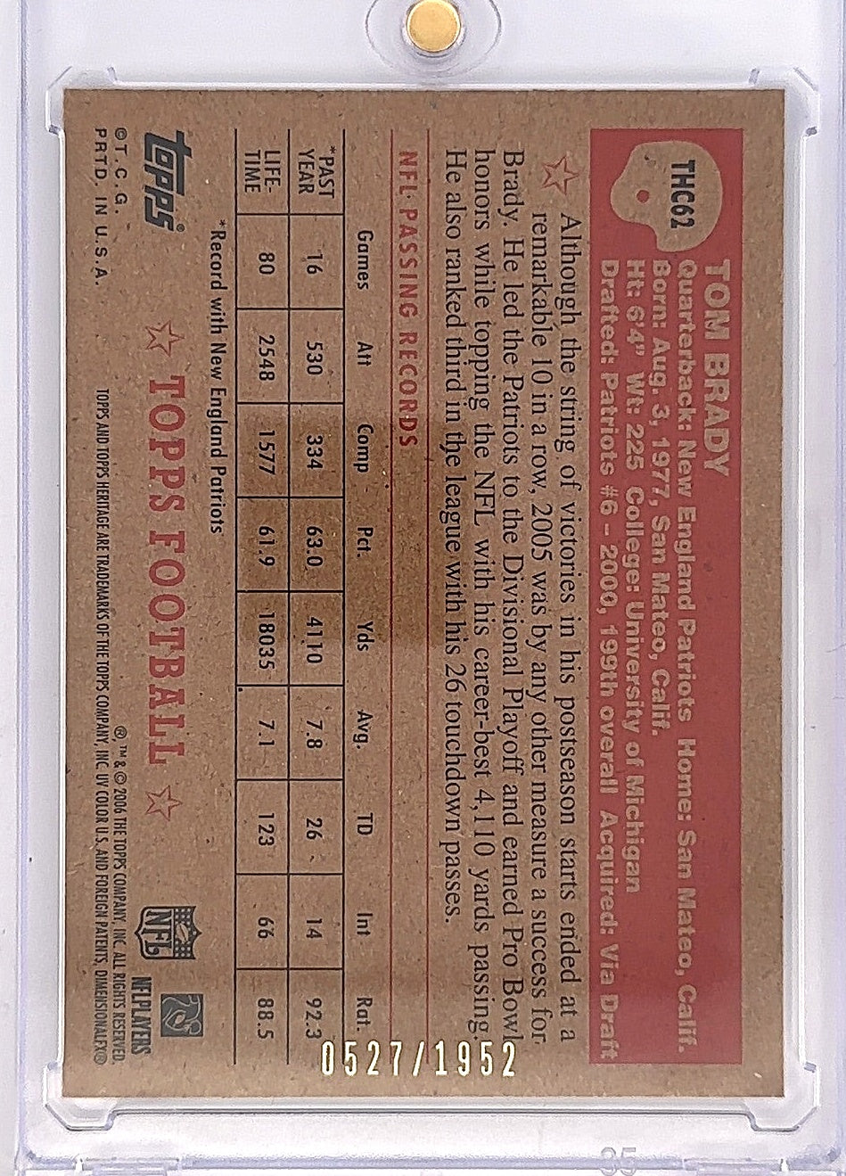 2006 Topps Heritage Chrome Tom Brady #THC62 0527/1952 — back