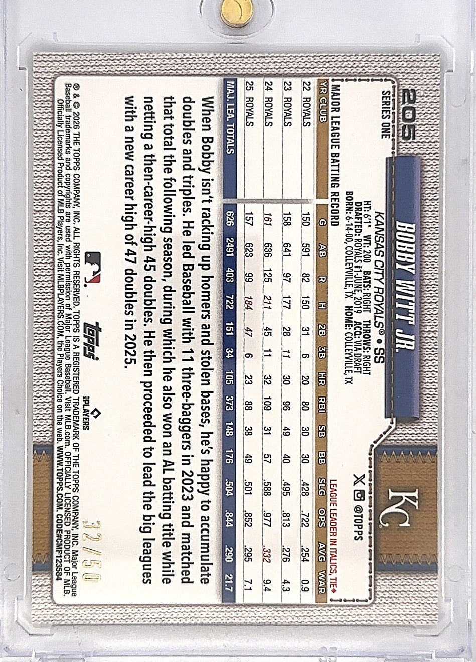 2026 Topps Celebration Bobby Witt Jr. [Gold Walk This Way] #205 — back