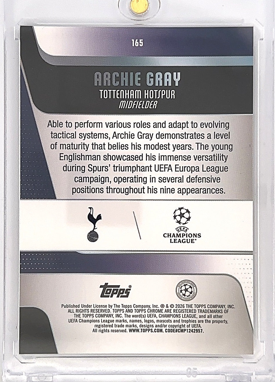 2026 Topps Chrome UEFA Club Competitions Archie Gray [Mini diamond] #165 05/10 — back