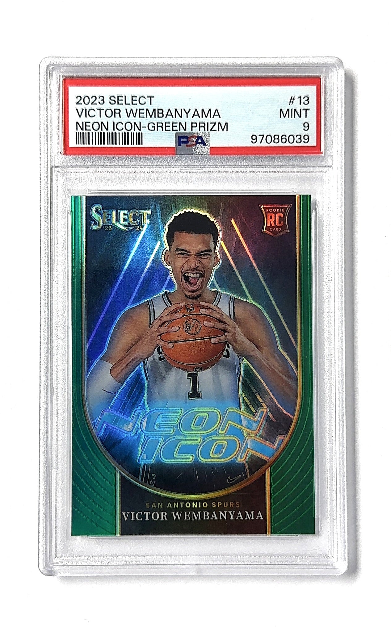 2023 Panini Select Neon Icon Victor Wembanyama [Green Prizm] #13 RC PSA 9 — front