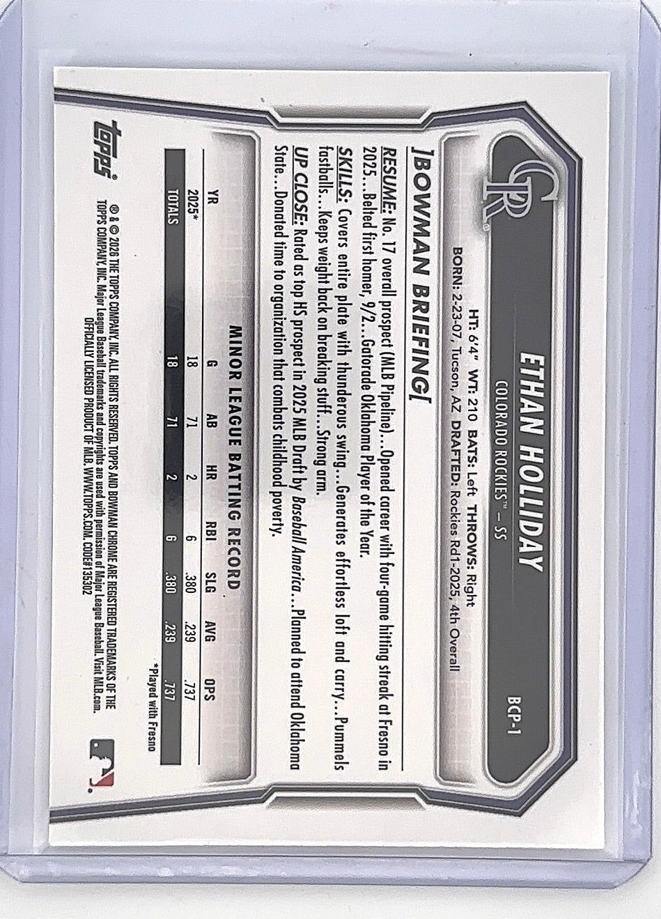 2026 Bowman Chrome Prospect Ethan Holliday [Lava Refractor] #BCP-1 /399 — back
