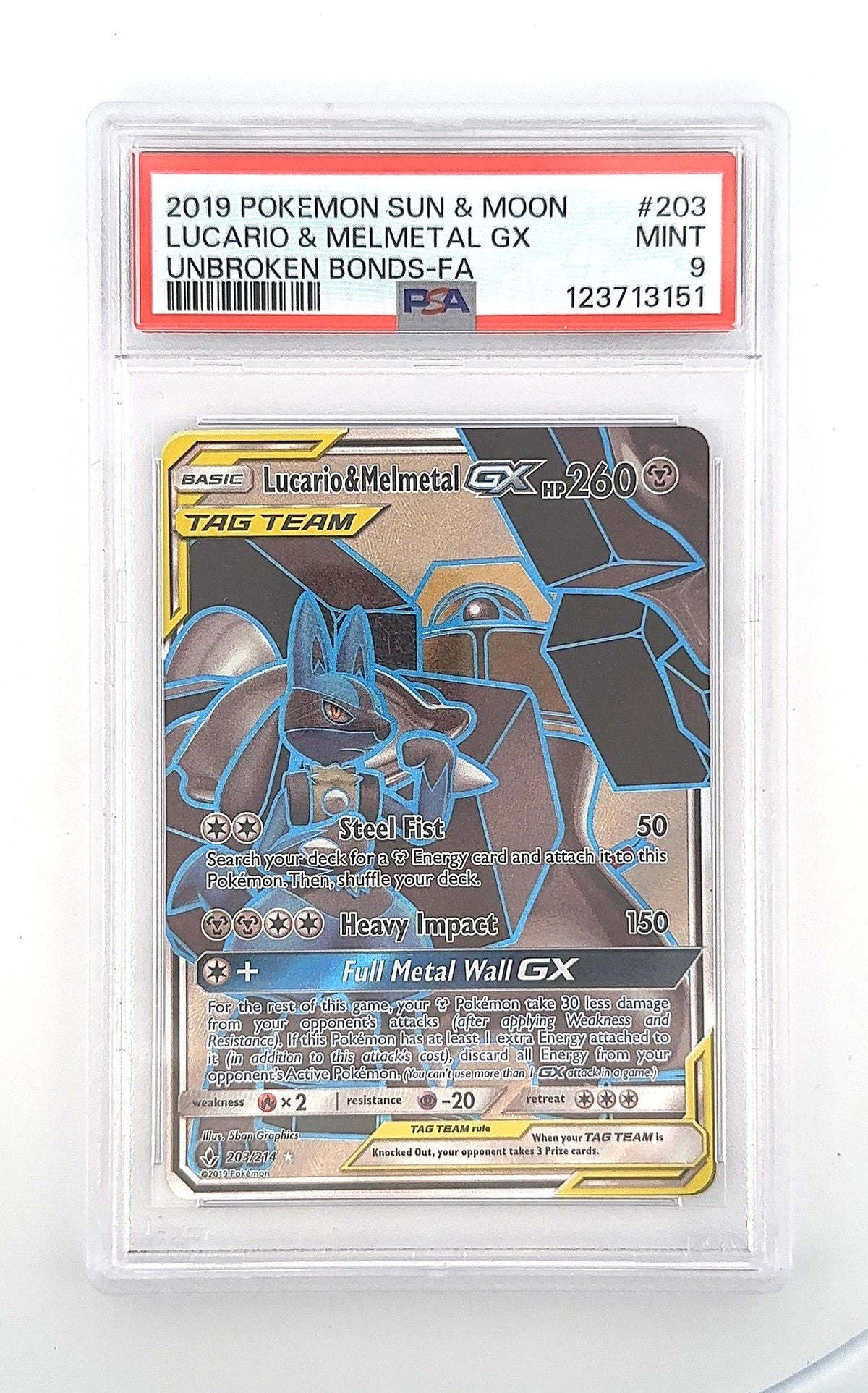Lucario & Melmetal GX (Full Art) #203/214 PSA MINT 9 — front