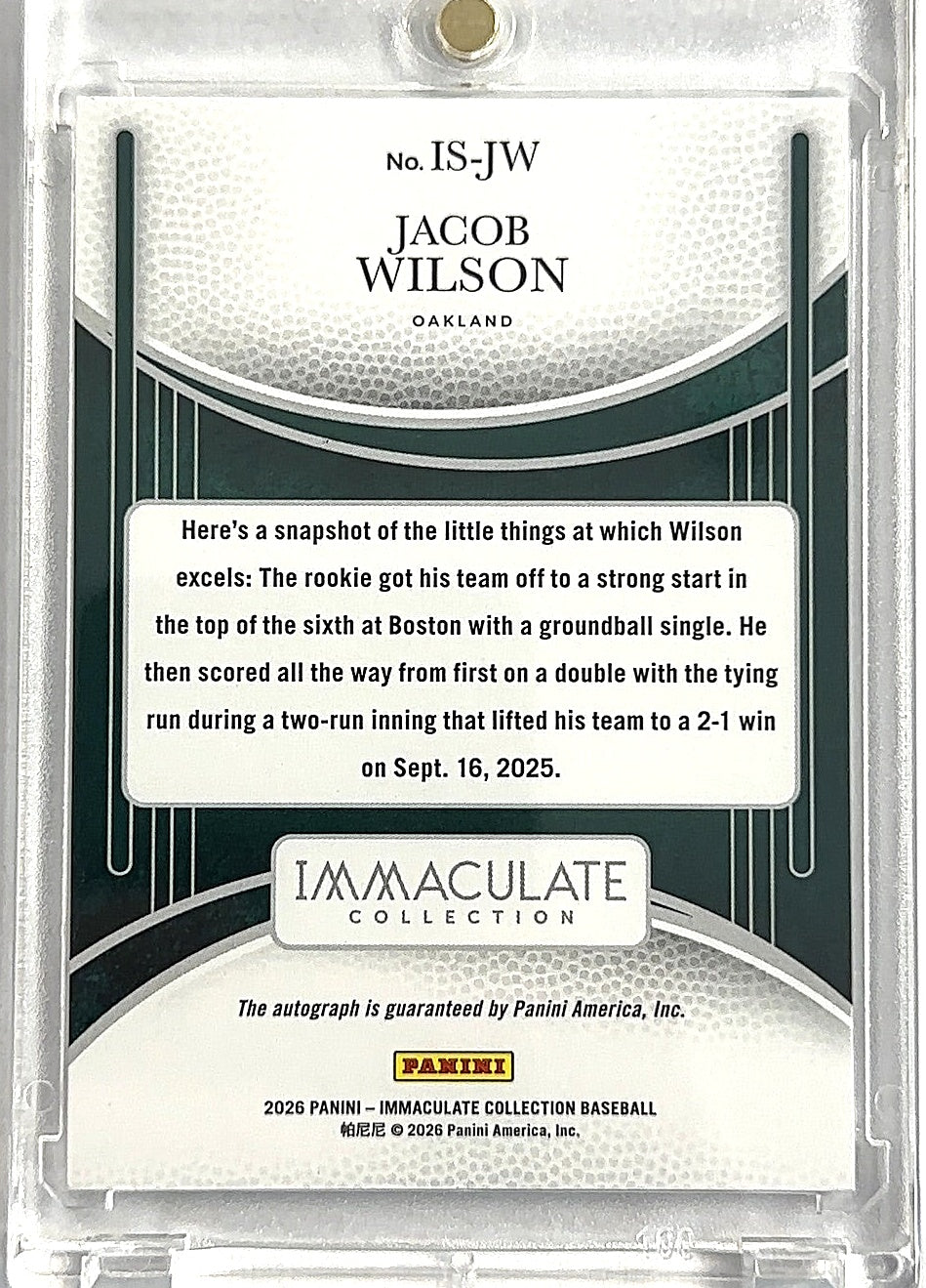 2026 Panini Immaculate Signature Jacob Wilson [Green] #3 — back