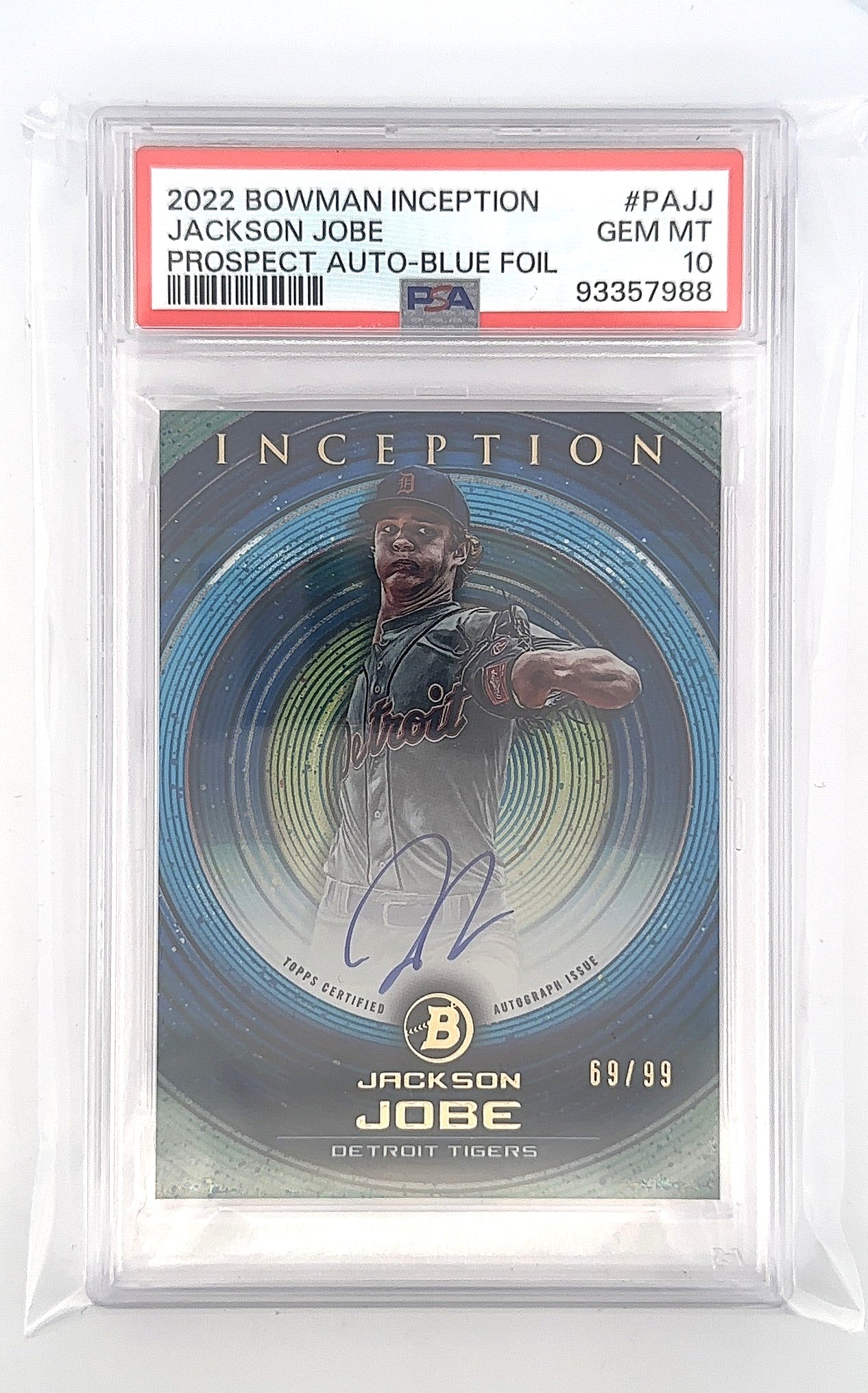 2022 Bowman Inception Prospect Autographs Jackson Jobe [Blue Foil] /99  #PA-JJ PSA 10 — front