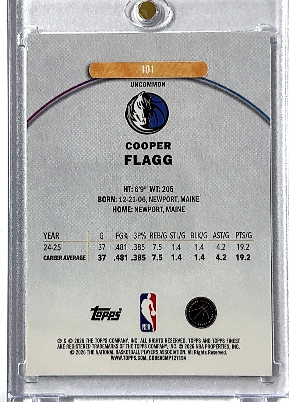 2025 Topps Finest Cooper Flagg #101 RC — back