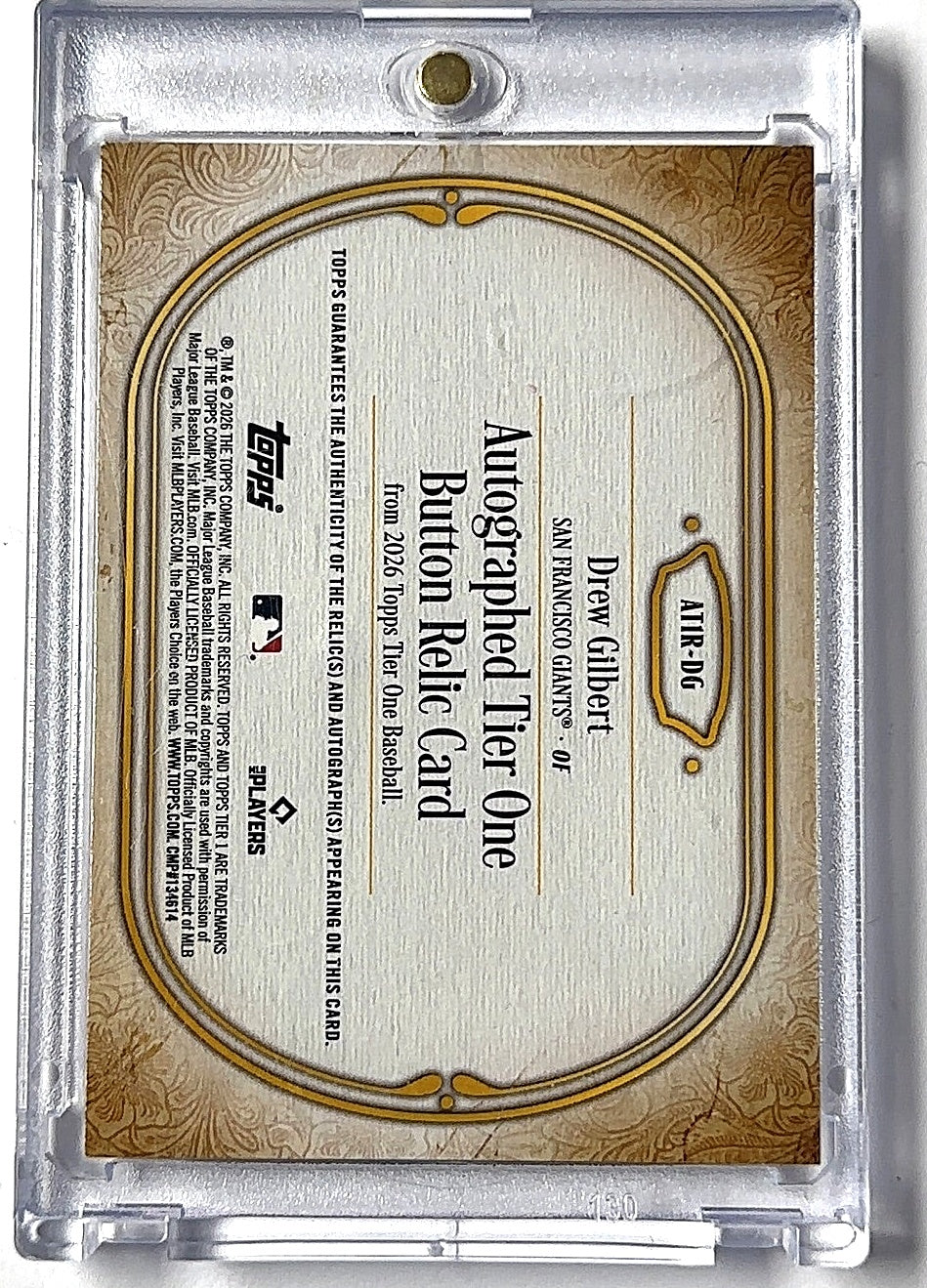 2026 Topps Tier One Autographed Relic Drew Gilbert [Button] #AT1R-DG AUTO — back