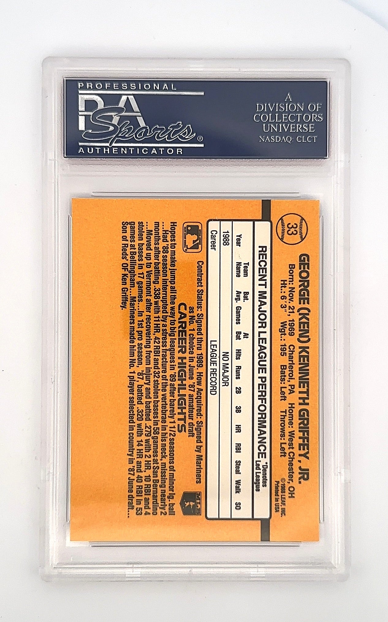 1989 Donruss Ken Griffey Jr. #33 PSA 7 — back